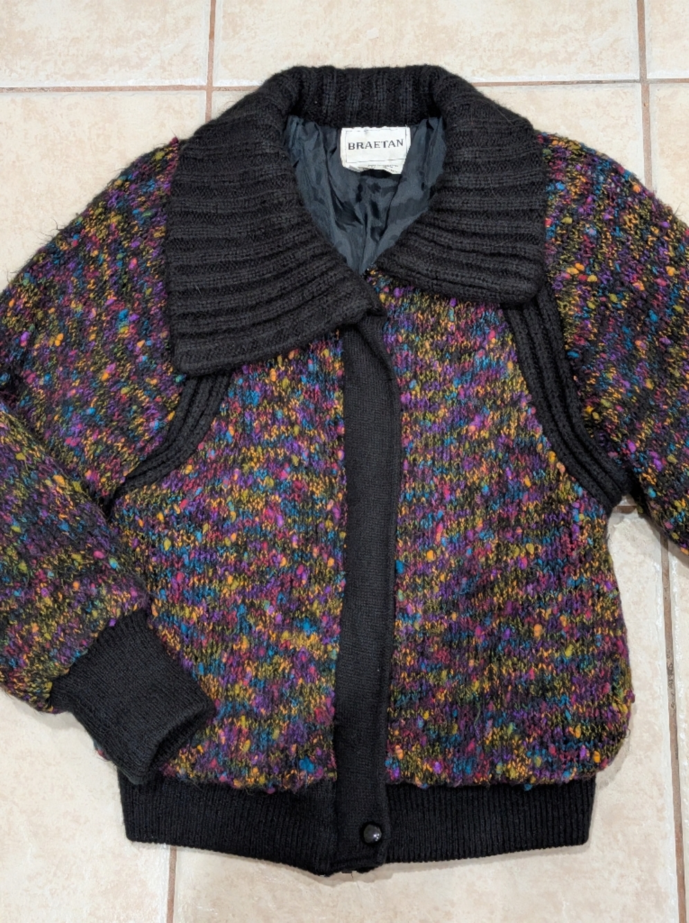 Vintage 80's Braetan Multi-Colored Oversized Lined Sweater Jacket Size Small